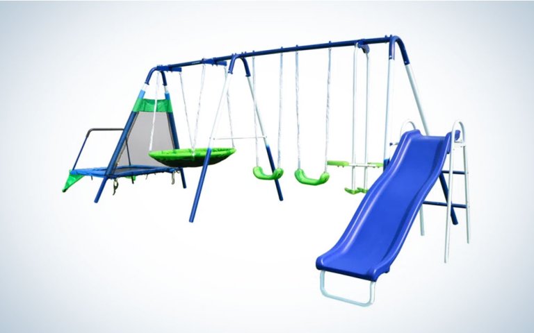 A metal swingset with slide and trampoline on sale at Wayfair