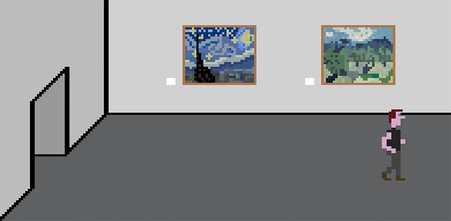 video game person walking in front of art