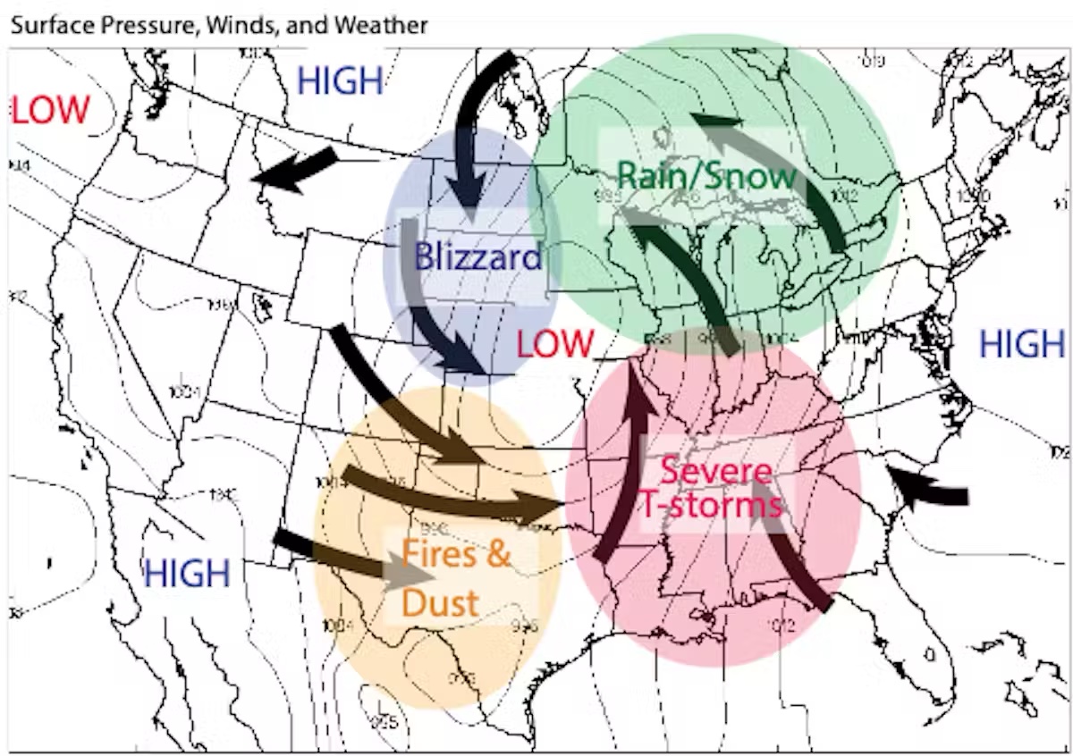 map of surface pressures on US