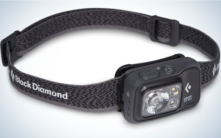 Black Diamond head lamp on a plain background