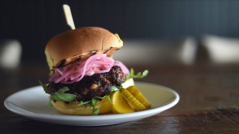 The Blended Burger, made partially with mushrooms, at Building 24 in Wyomissing Friday afternoon July 27, 2018. Photo by Ben Hasty