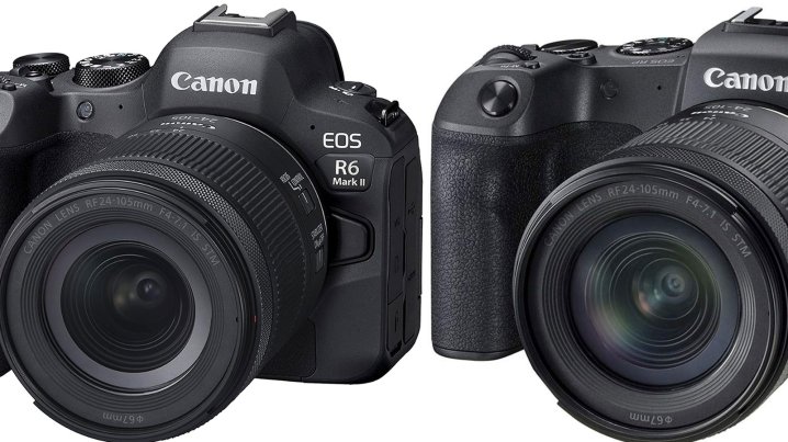 The Canon R6 Mark II and Canon RP mirrorless cameras on a plain background on sale at Amazon