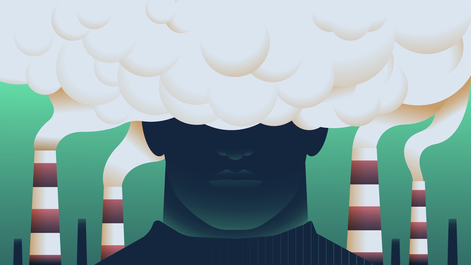 Human head covered by smoke from factory chimneys. Air pollution, emmisions, climate change concept. Vector illustration.