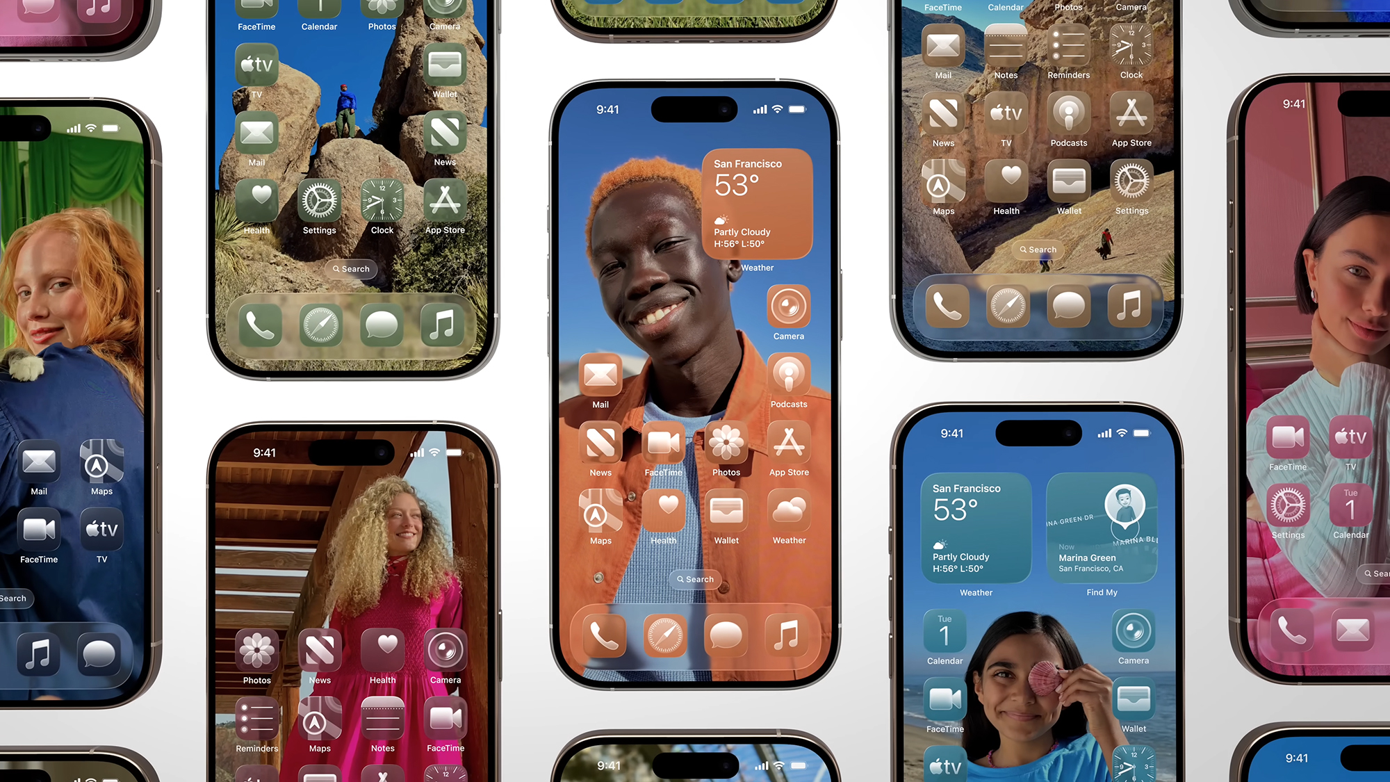 iPhones running the iOS 26 beta software in a pattern