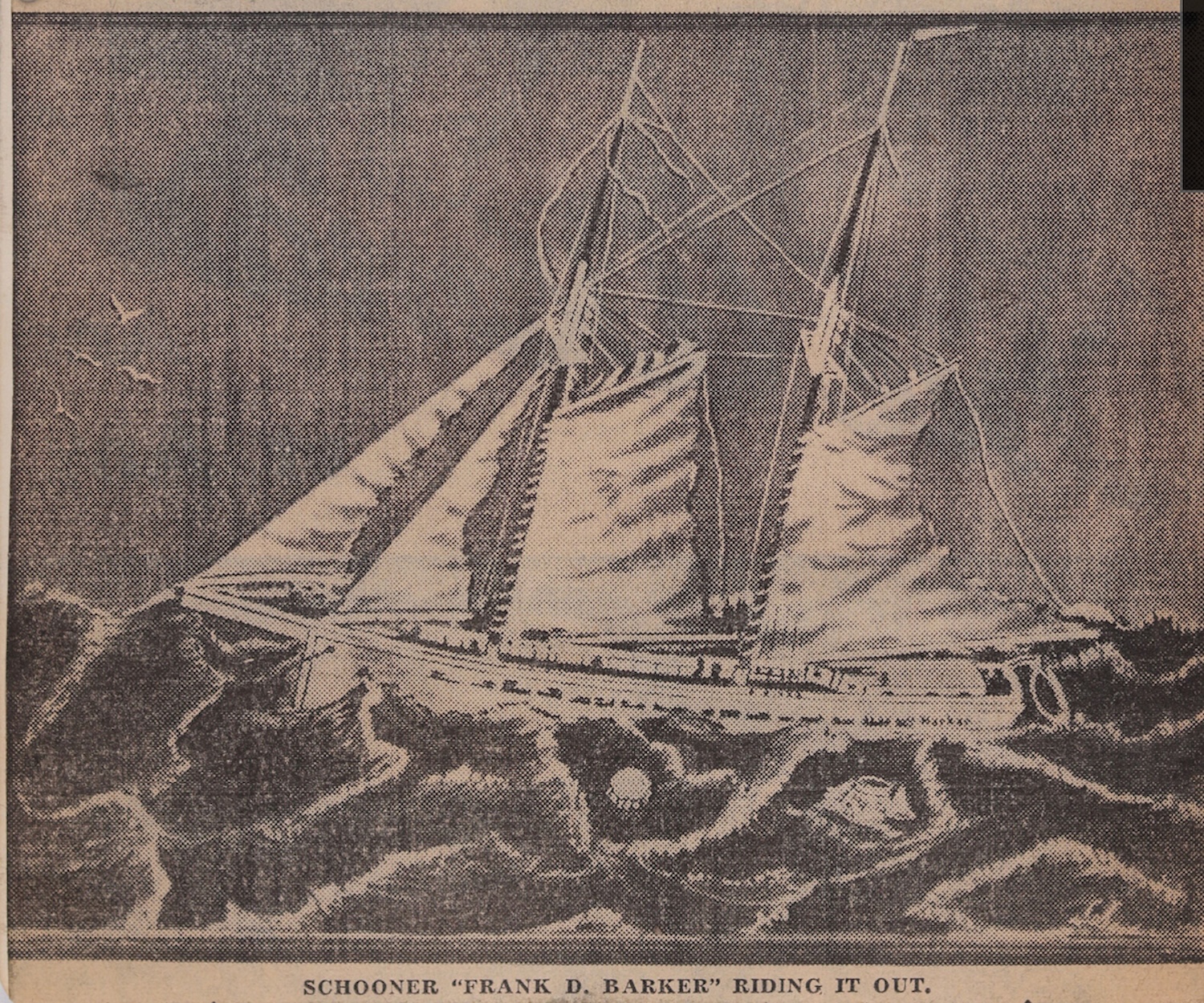 Newspaper clipping with illustration of ship in stormy weather