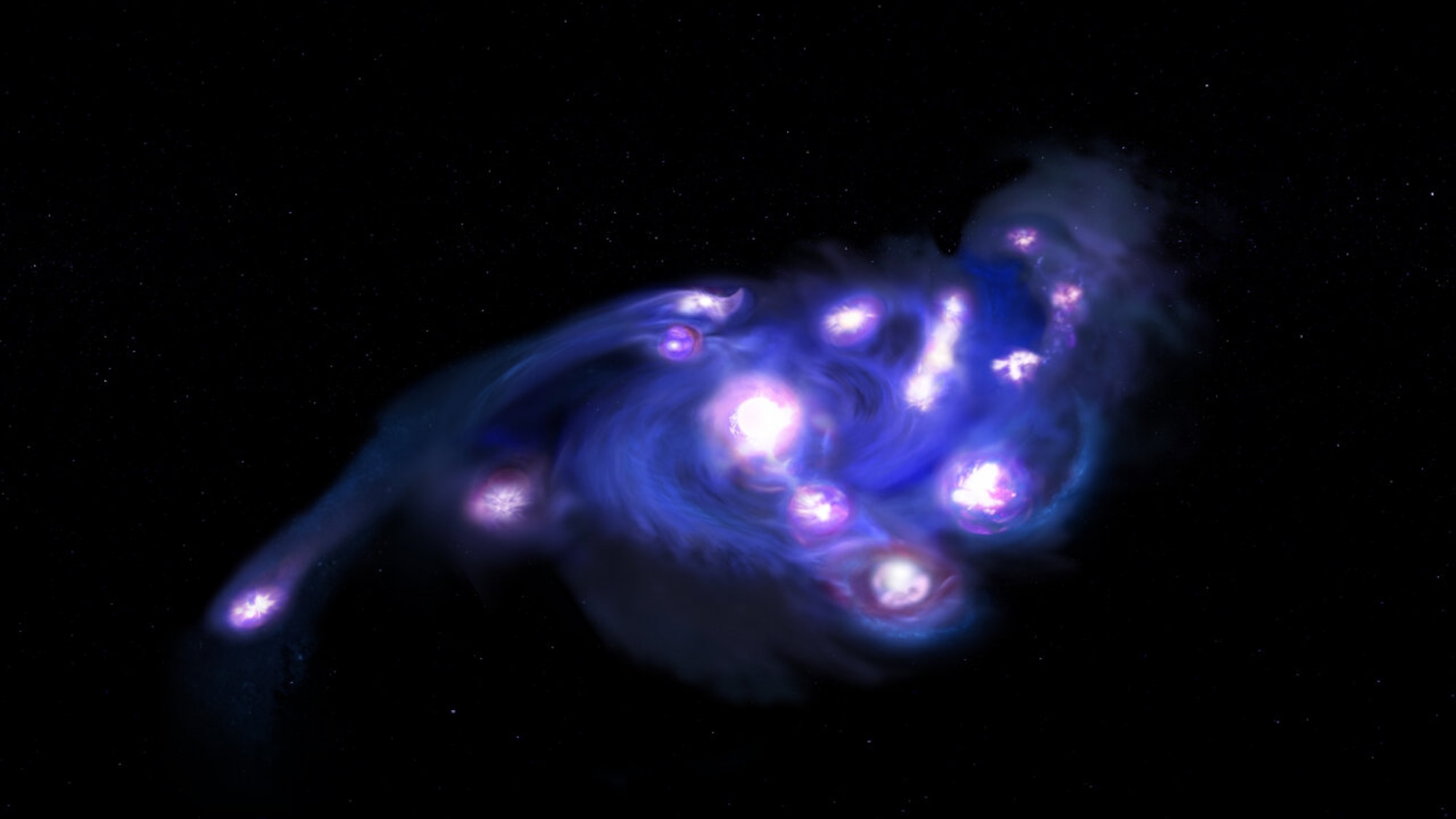 An artist’s impression of the “Cosmic Grapes” galaxy, composed of at least 15 massive star forming clumps—far more than current theoretical models predict could exist within a single rotating disk at this early time. Credit: NSF/AUI/NSF NRAO/B. Saxton