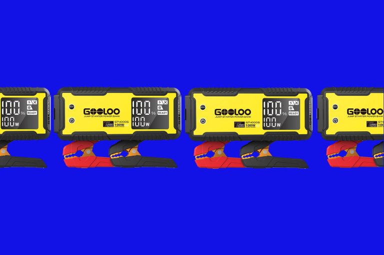 Yellow GOOLOO jump starter on a very blue background