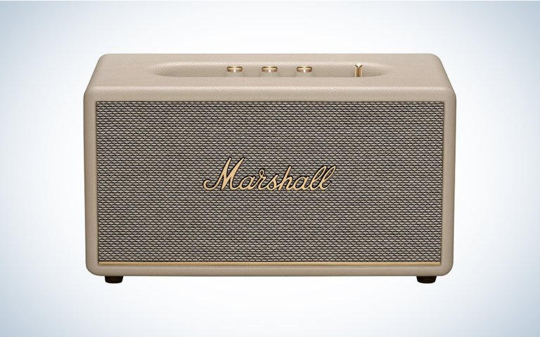Cream Stanmore III Bluetooth speaker on a grey gradient