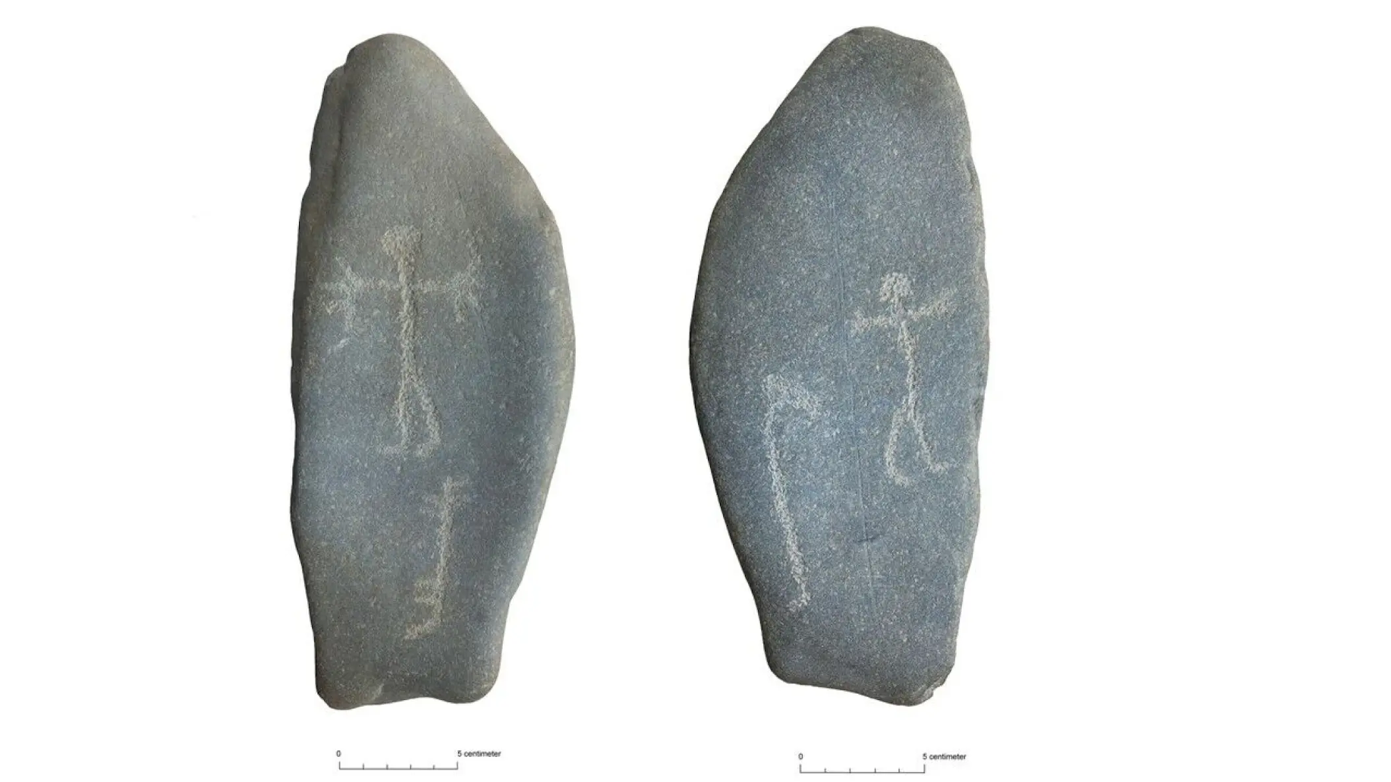 A stone rock with etched art. On one side, a human figure and probably a dog are pecked in with dots. A bow and arrow are carved above the hand on the right side. On the other side, there is a human figure, an unknown figure, and a large boat.