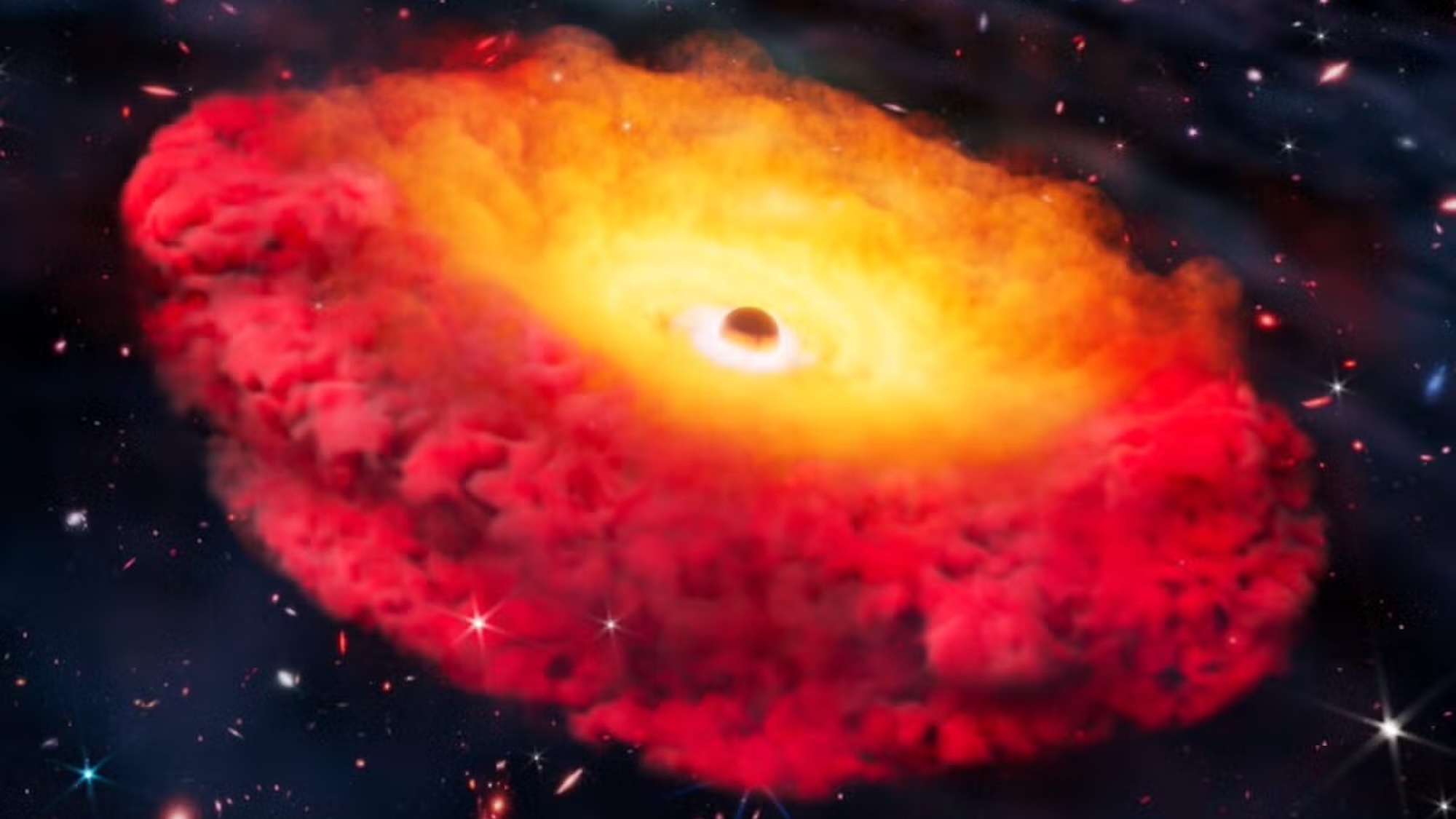 Artist illustration of supermassive black hole surrounded by cloud of red and yellow gas