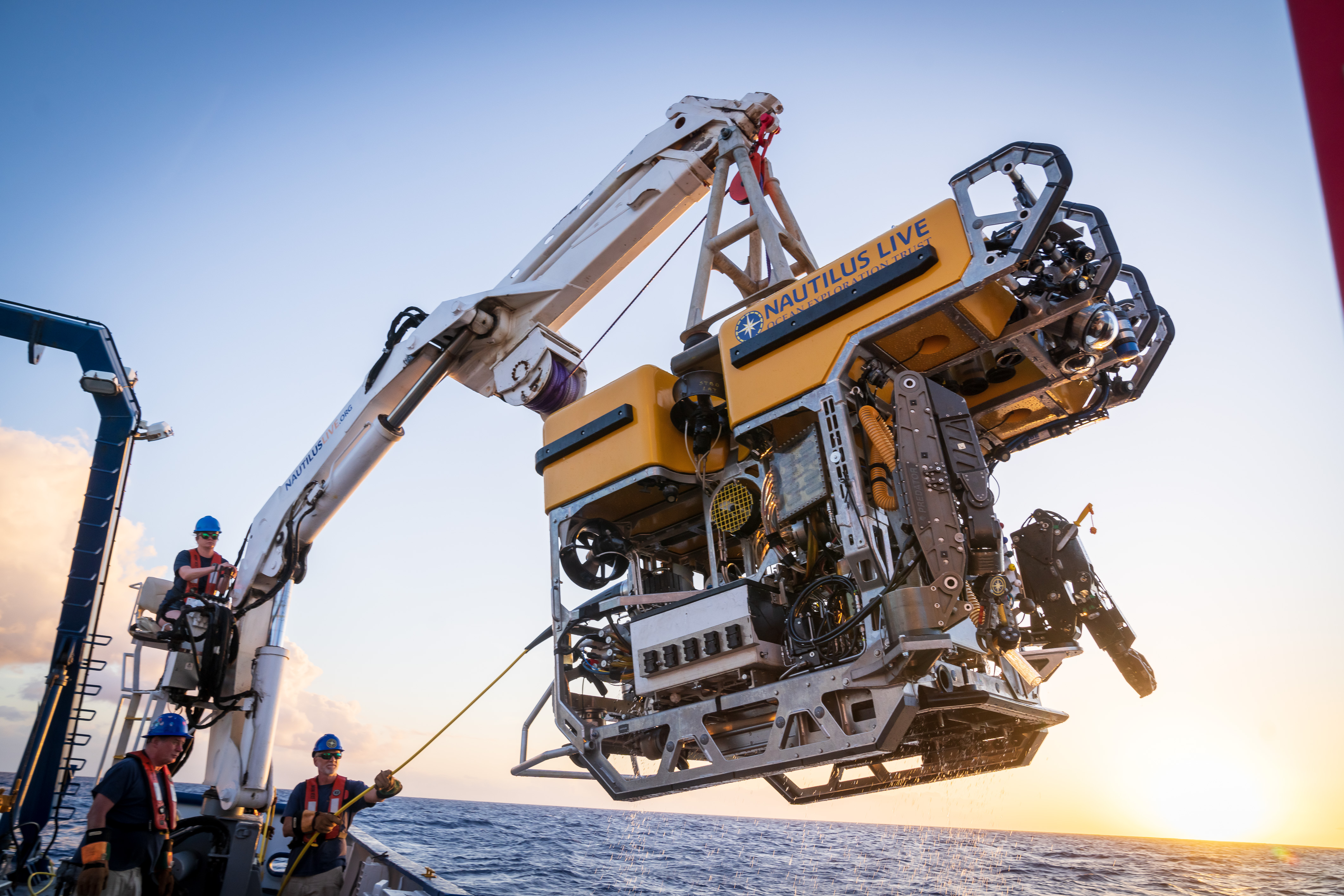 Hercules ROV getting readied to deploy from Nautilus research vessel