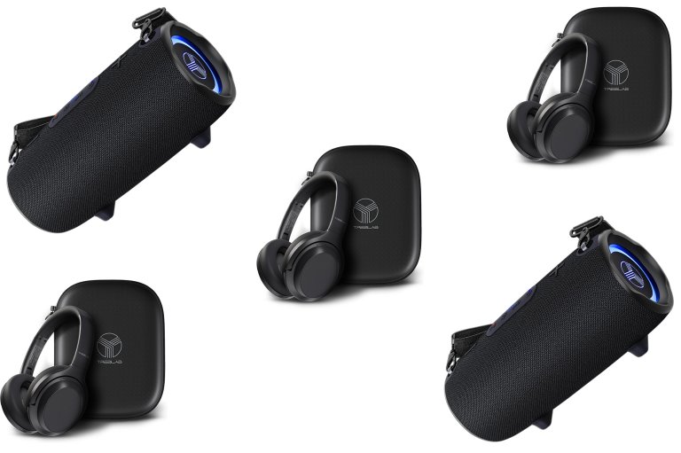 Black TREBLAB headphones and speakers on a white background