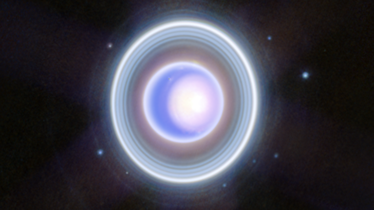 This image of Uranus from NIRCam (Near-Infrared Camera) on NASA's James Webb Space Telescope exquisitely captures Uranus's seasonal north polar cap and dim inner and outer rings. This Webb image also shows 9 of the planet's 27 moons – clockwise starting at 2 o'clock, they are: Rosalind, Puck, Belinda, Desdemona, Cressida, Bianca, Portia, Juliet, and Perdita.