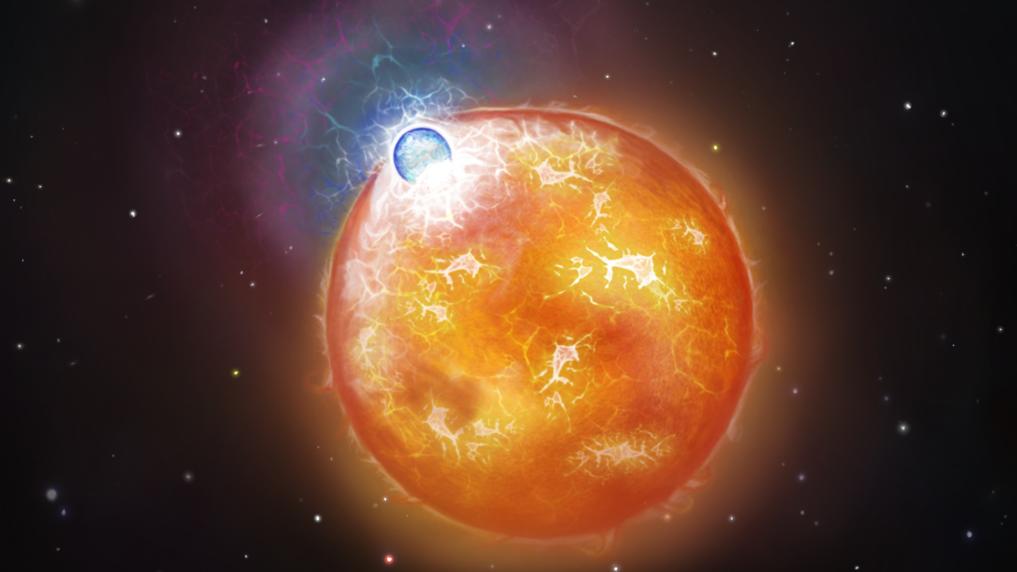 Artist illustration of a white dwarf colliding into a larger yellow star