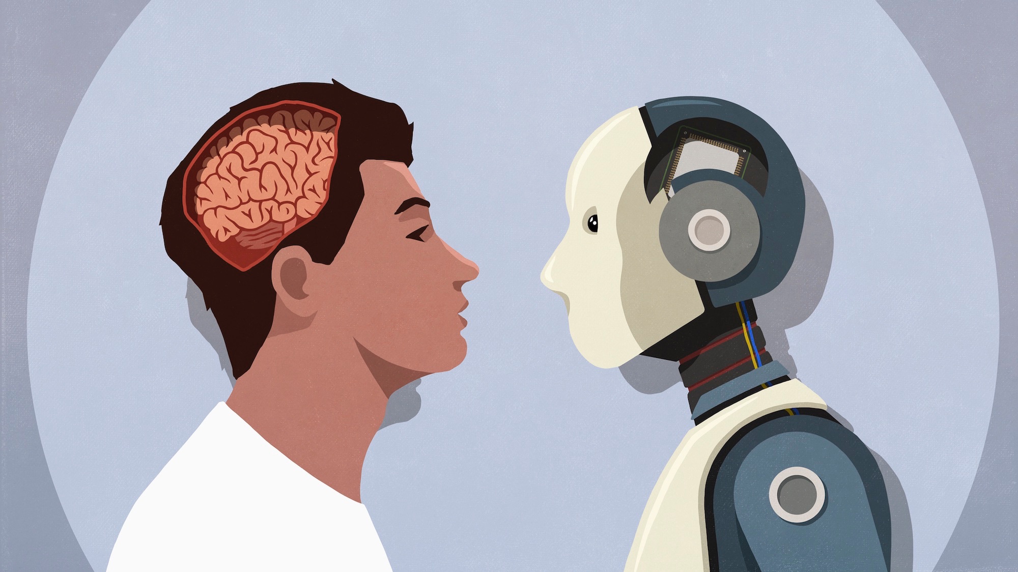 Robot and man with exposed brain face to face in spotlight, human vs artificial intelligence
