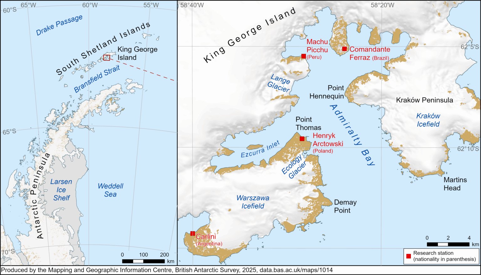 Map of King George Island on the Antarctic Peninsula and Ecology Glacier where Bells’ remains were found. 
