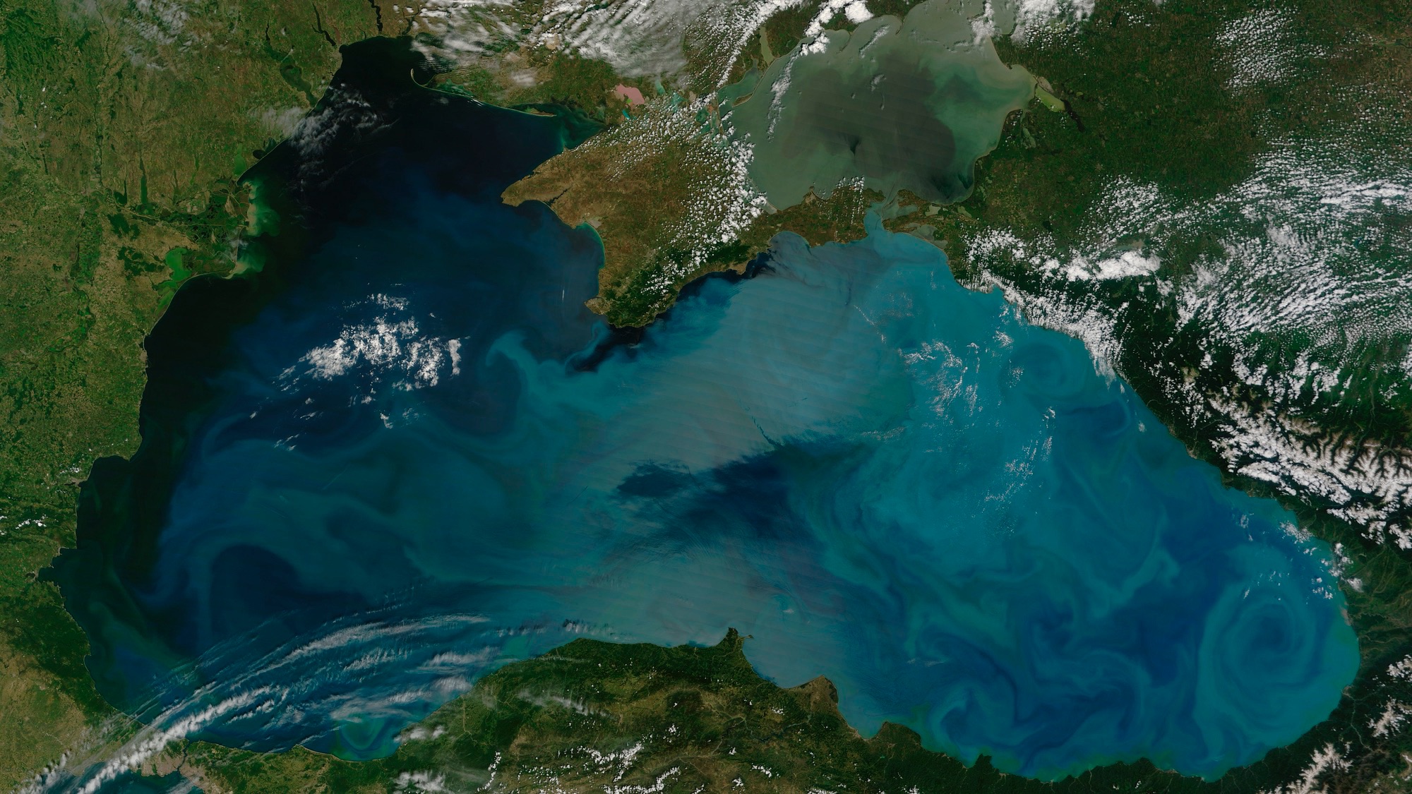 June 3, 2012 - An intense bloom of phytoplankton in the Black Sea, staining nearly every corner with a rich palette of teal, turquoise, green and milky blue. The Sea of Azov, to the northeast was also filled with swirls of color, including a touch of tan which may indicate not only phytoplankton, but sediment also circulates in those waters.