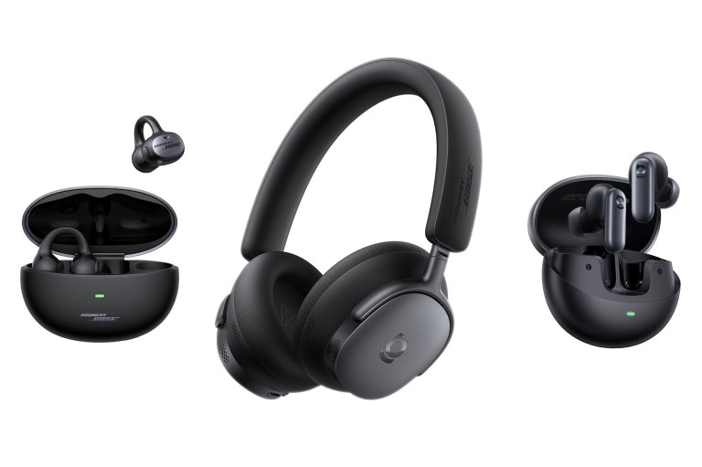 A composite image including three black new Baseus with Sound By Bose wireless Bluetooth audio products (earbuds and headphones)on a white background