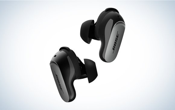 Shiny black metallic Bose QuietComfort Ultra Earbuds (2nd Gen) shown against a grey gradient