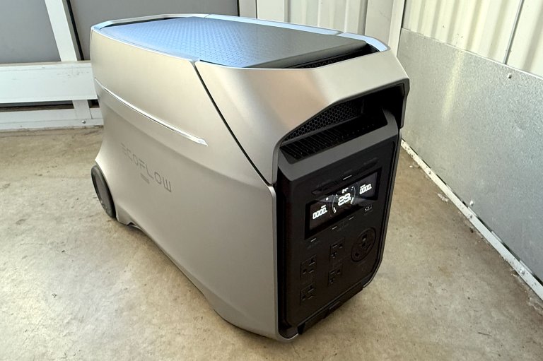 The silver-and-black EcoFlow Delta 3 Ultra Plus portable power station sitting in a storage unit