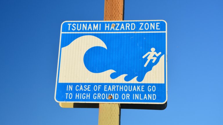 A blue and white road sign reads "Tsunami Hazard Zone." It shows a large wave on the left and a stick figure running up a slope on the right. The bottom text says, "In case of earthquake go to high ground or inland."