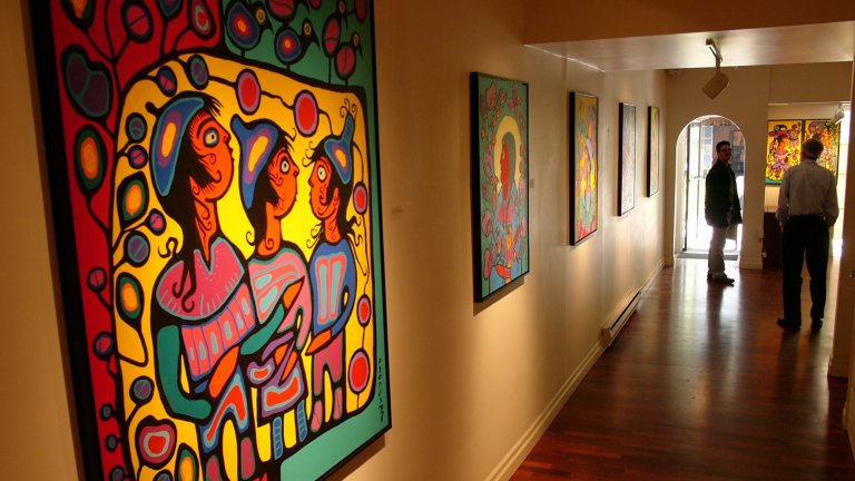 TORONTO, ON - MAY 28: .Norval Morrisseau work on display at the Kinsman Robinson gallery in Yorkville FOR GODDARD story on one of Canada's most mysterious and tragic artists. Photographed at the Delta Chelsea in Toronto on Friday
