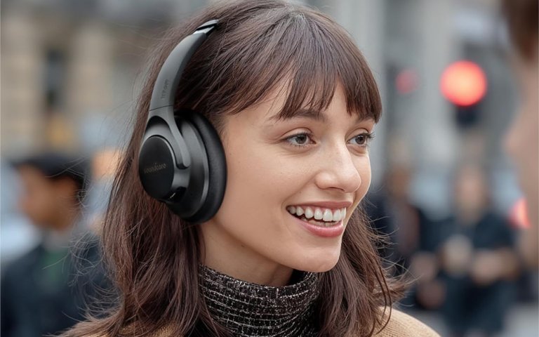 A person wearing Soundcore over-the-ear noise-canceling headphones