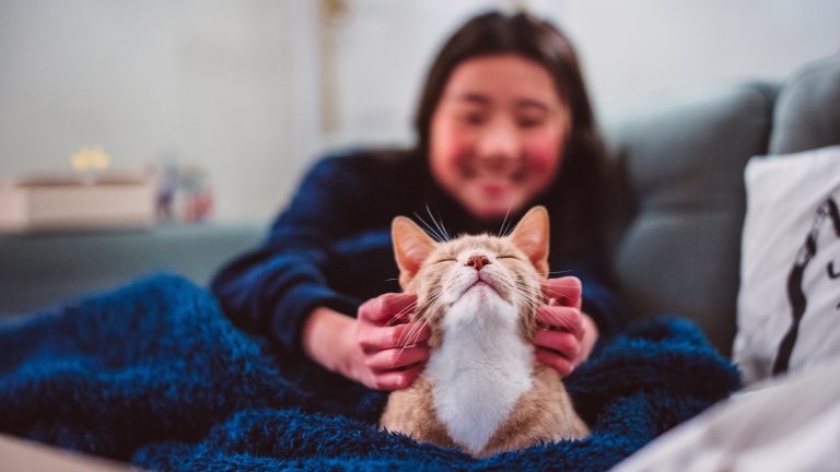 a woman sitting on the couch with her cat scratching the cat behind its ears