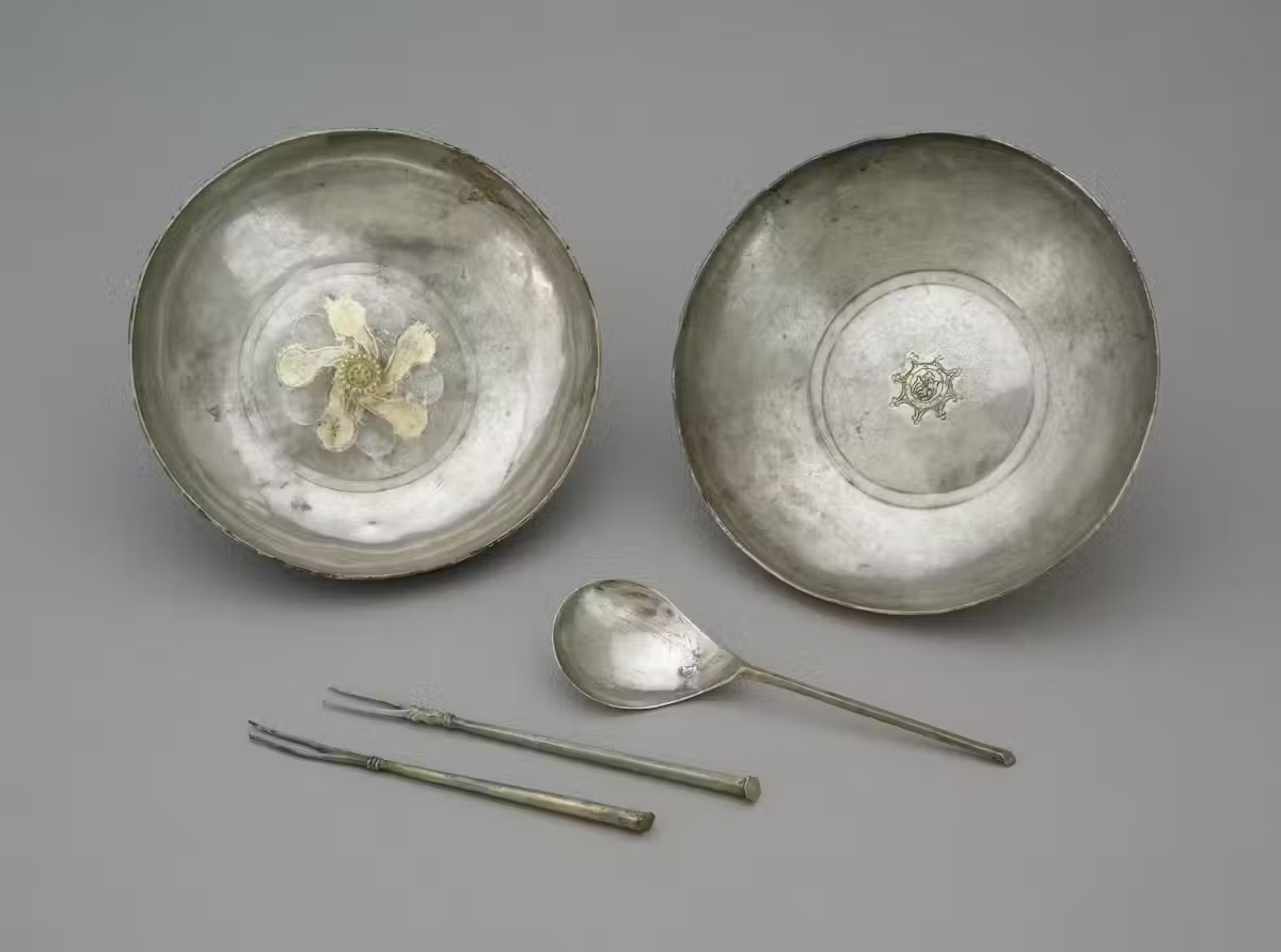 antique spoon, fork, and bowls