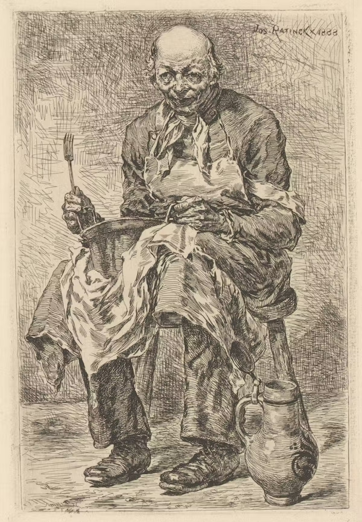 etch of man holding fork