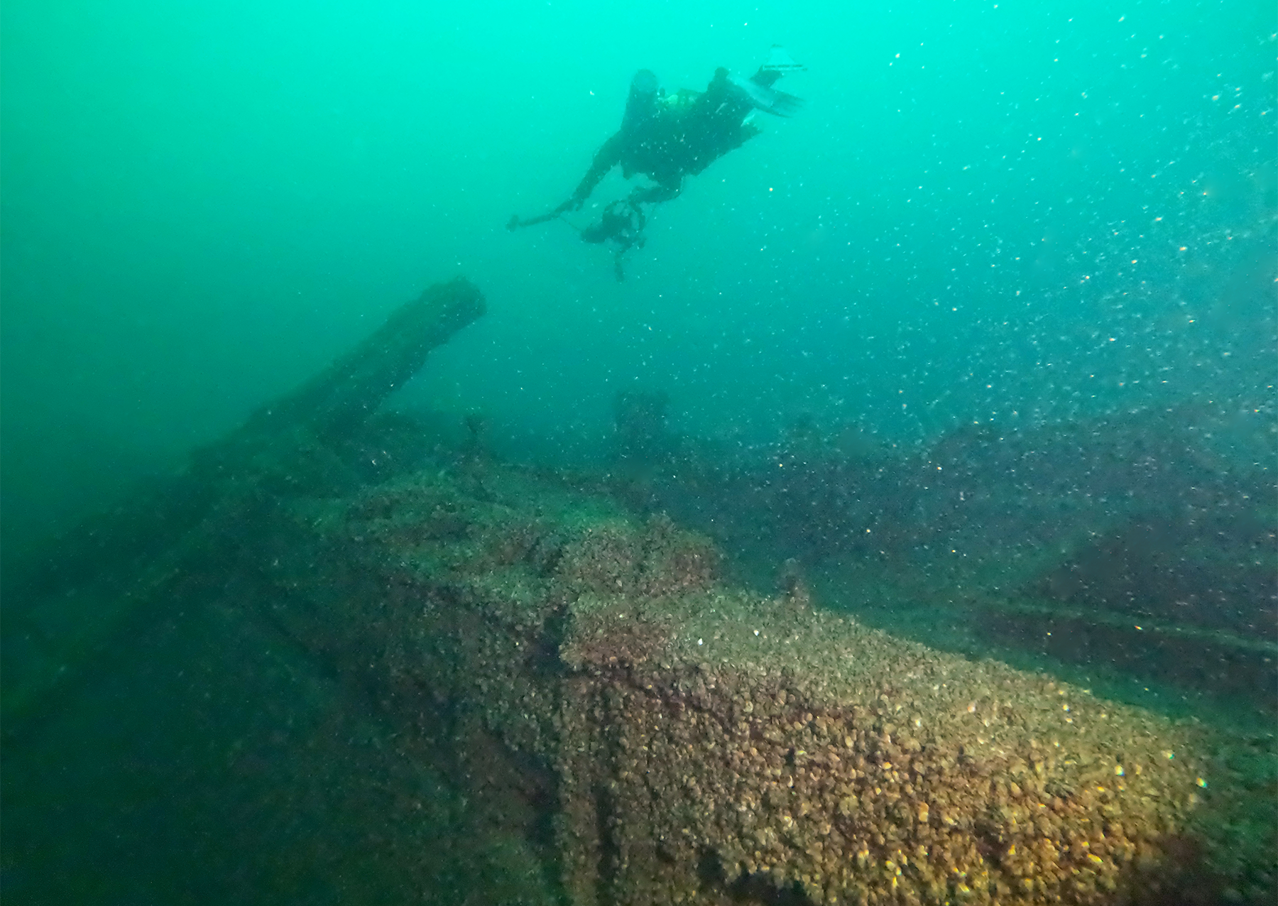 A diver exploring a ship's wreckage