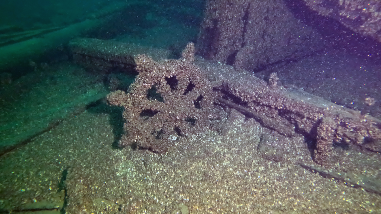 a wheel of a shipwreck under water