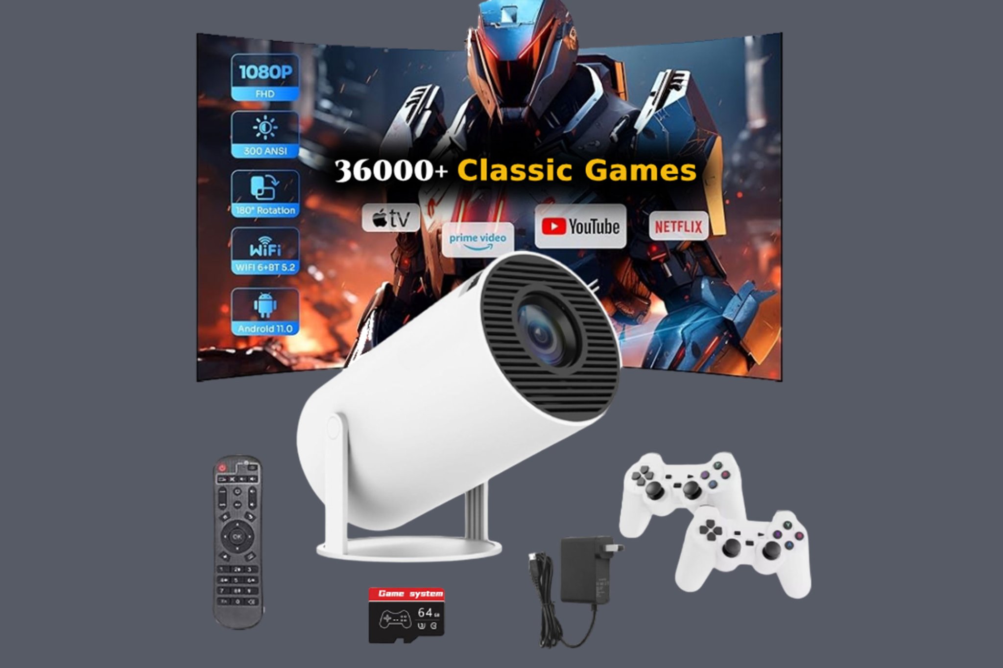 Header image for a 2-in-1-projector with 36000 games and hd streaming Stack Commerce sponsored deal