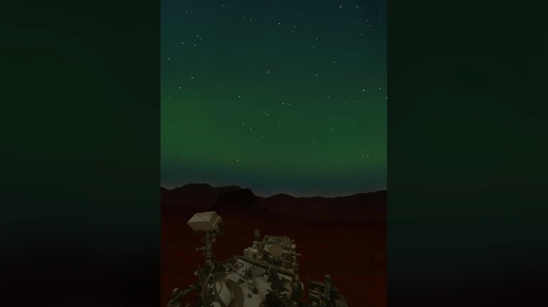 An artist’s impression of how the aurora might appear in the sky above the Perseverance rover.