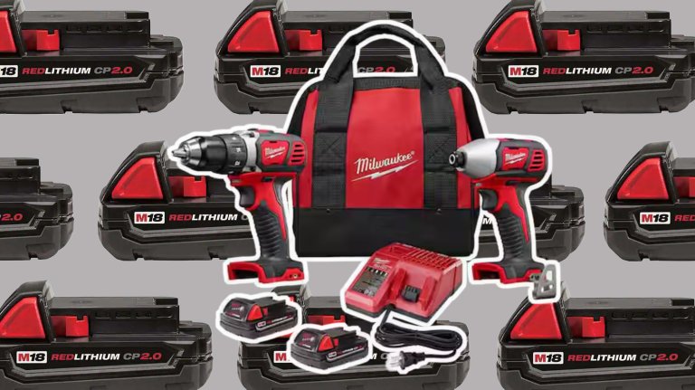 Milwaukee tools in front of a wall of milwaukee batteries