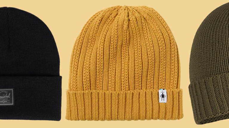 Three beanie hats on a yellow background