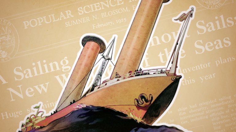 A photo collage with a vintage illustration of a futuristic, brown and orange sailboat, with a large sail-like structure and a smokestack, positioned on a deep blue sea with white waves. In the background, there's a faint, light-tan newspaper clipping with the headline "A Sailing Ship" and a masthead for "POPULAR SCIENCE" from February 1925.