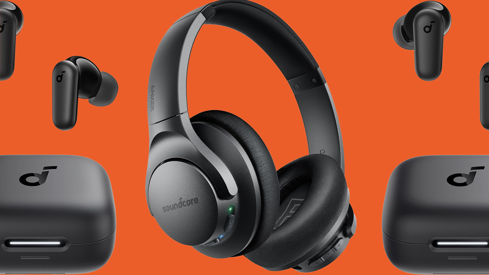 Anker Soundcore headphones and earbuds on an orange background