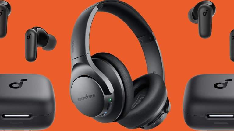 Anker Soundcore headphones and earbuds on an orange background