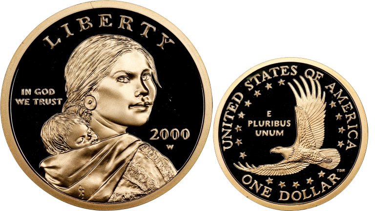 a gold dollar coin. the heads side has a woman holding a baby on her back named sacagewea on it and the back an eagle with 17 stars