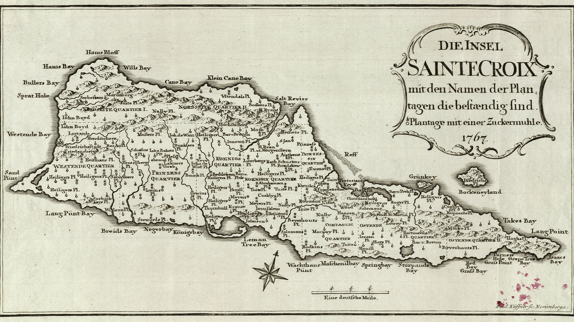 a map of the island of st croix from 1767. a red square on the northwest corner marks where Danes believed the a settlement was.