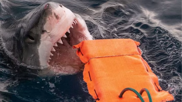 a great white shark biting an orange test fabric