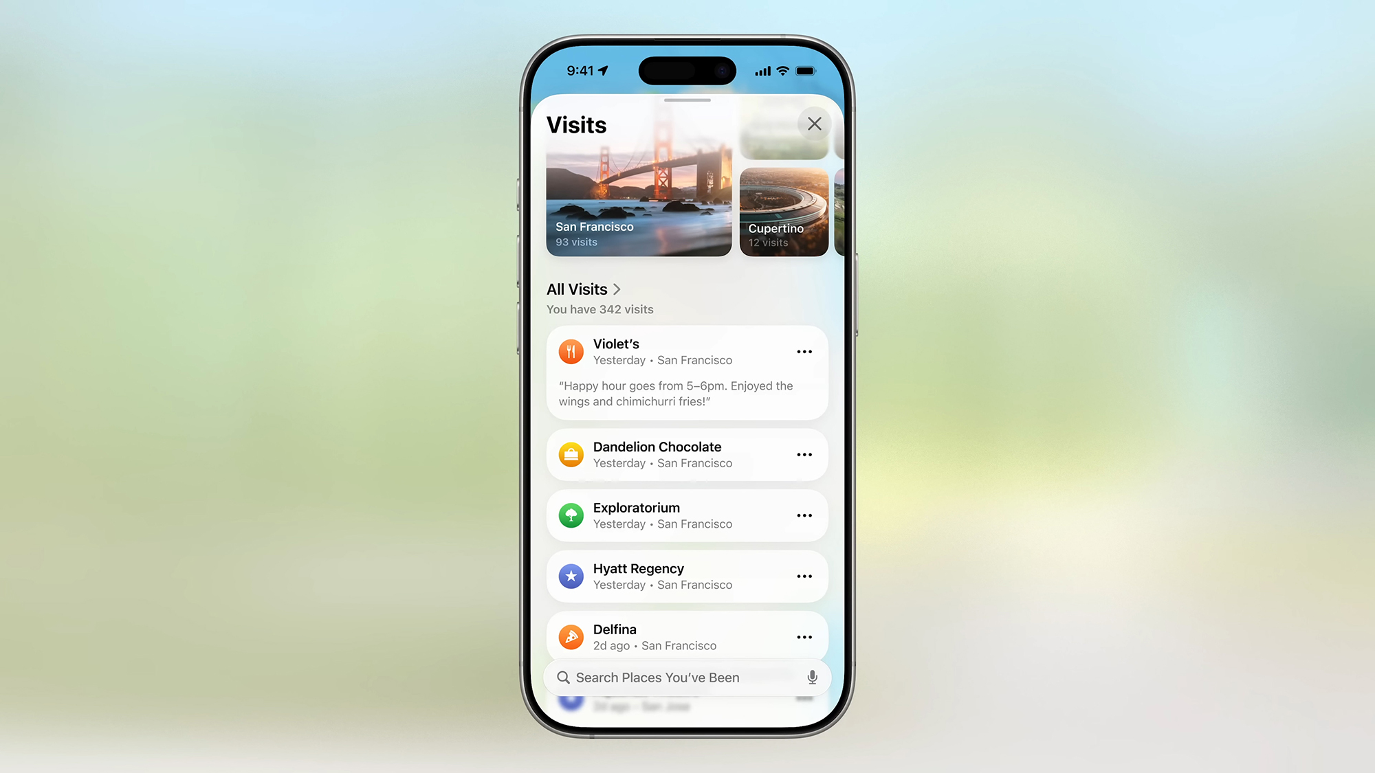 an iphone with visited place opened