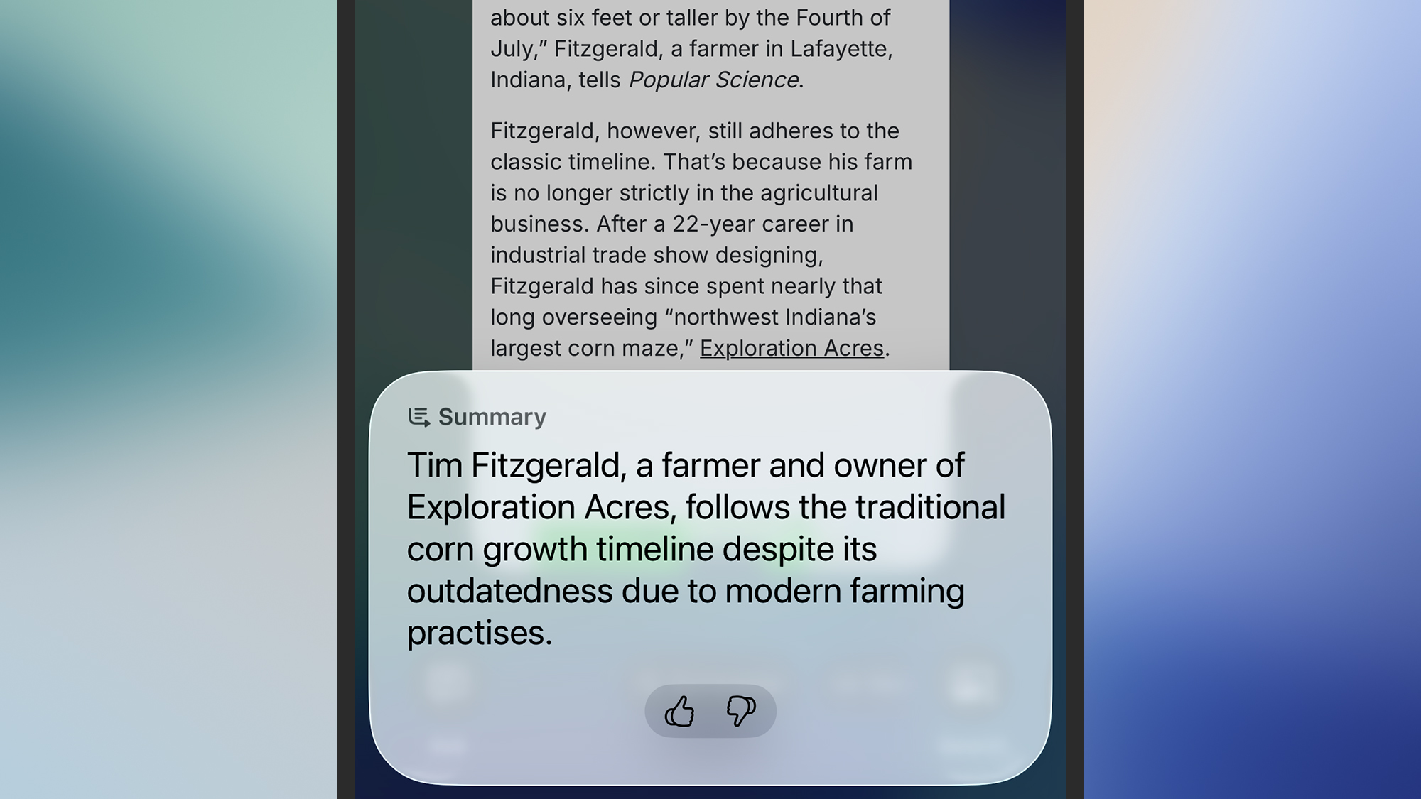 Screenshot of text summary example using a popular science story
