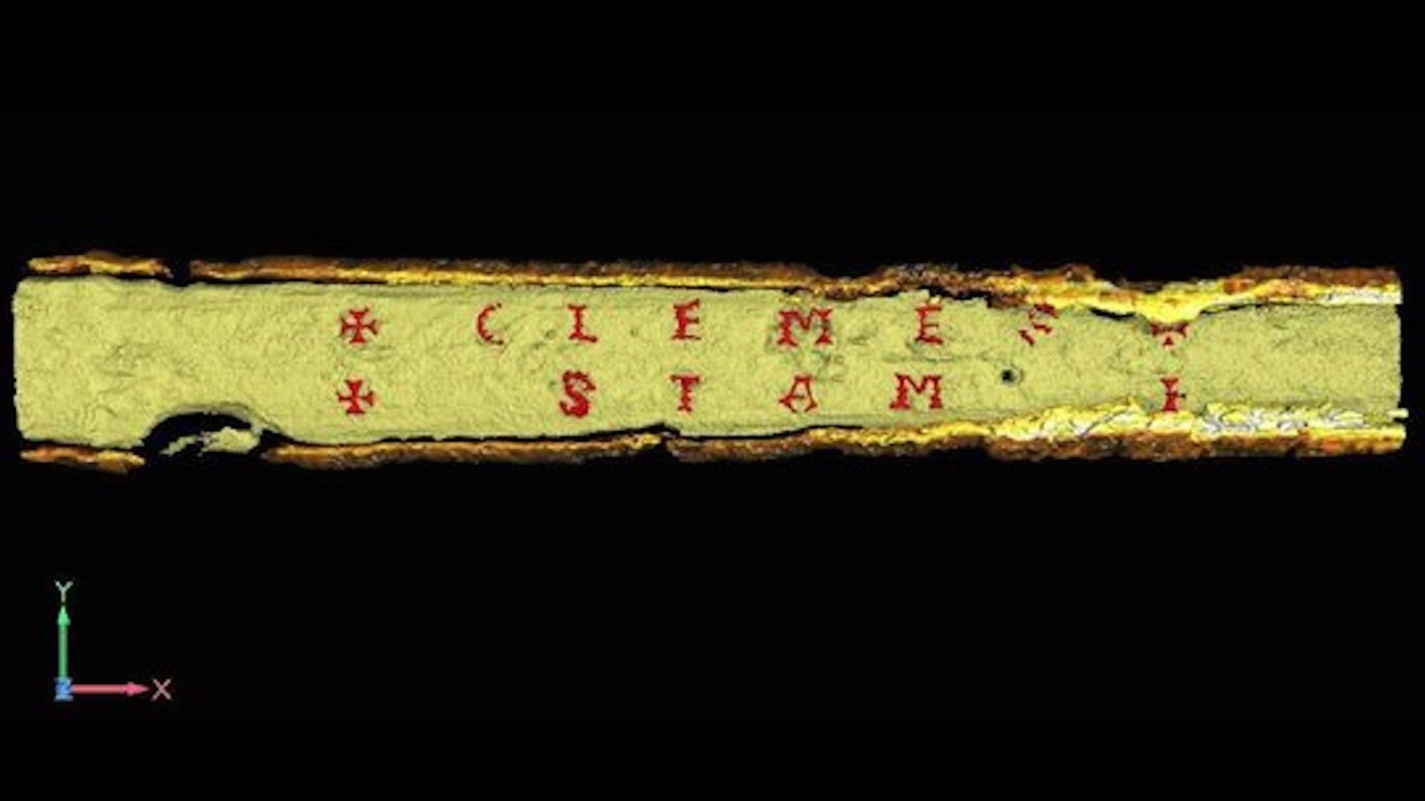 CT scan displaying German sword blade with engraved name on it