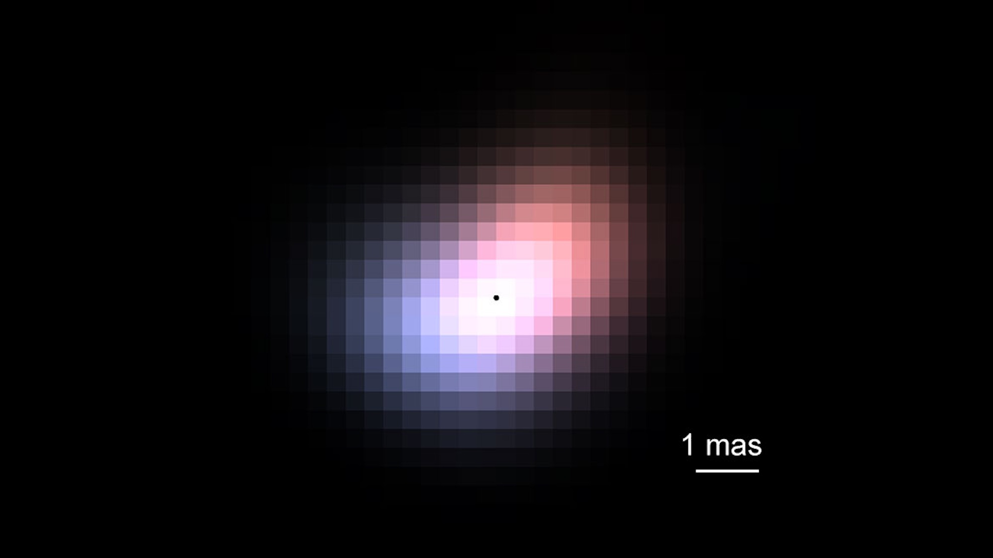 Reconstructed image of the compact, fast-rotating asymmetric disc around β CMi. The white scale bar at the bottom right marks 1 milliarcsecond — equivalent to a 6 feet scale at the distance of the moon.
