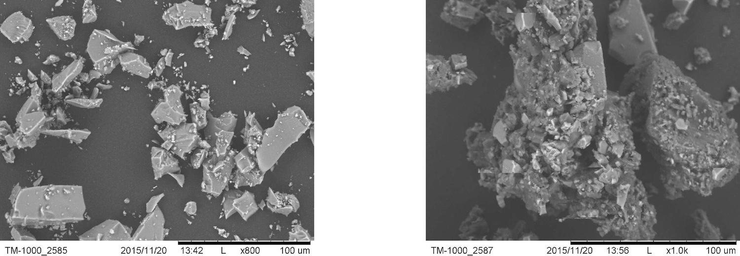 Scanning electron microscopy images (Hitachi TM1000) of amorphous MgSiO3 particles (as prepared high-hydrogenation sample; see Section 2.2). Left: undosed silicate. Right: after dosing, by sizzling, with Gly solution. Credit: Monthly Notices of the Royal Astronomical Society (2025)