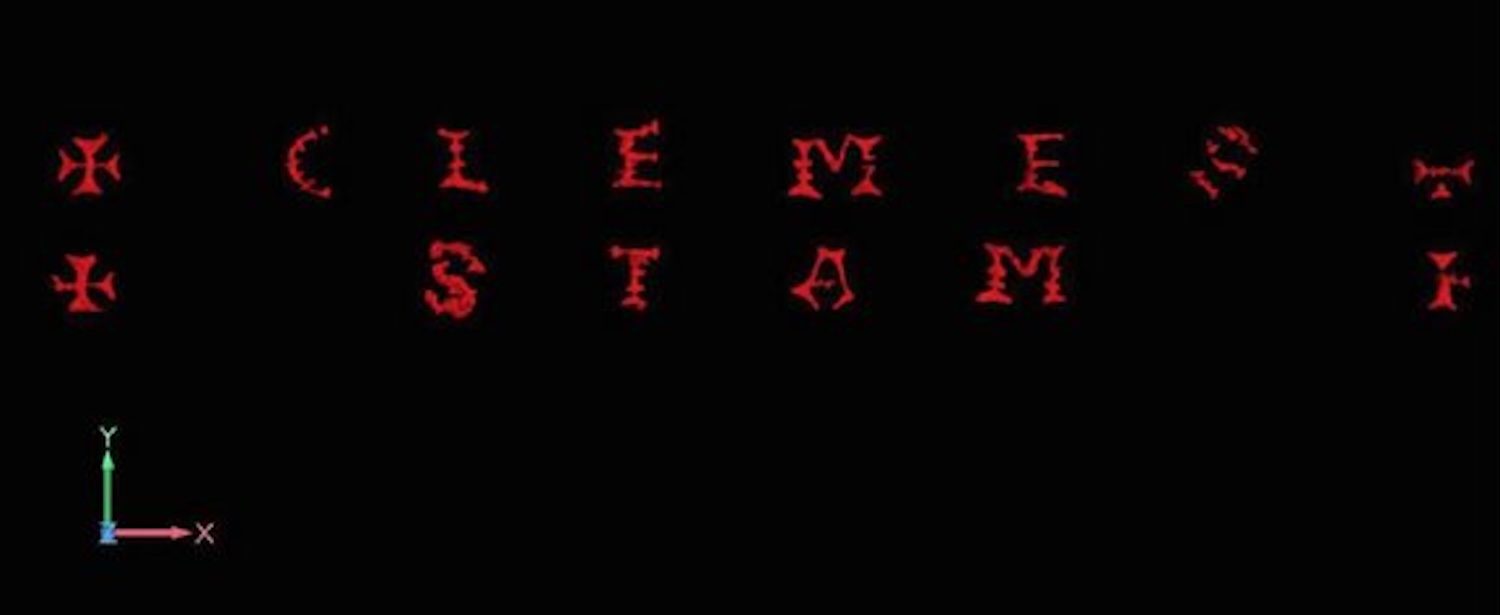 Virrtually exposed inscription on the "display side" of the sword. The letters are individually inlaid into the blade steel from approximately 0.6 mm thick copper sheet. INNOVENT