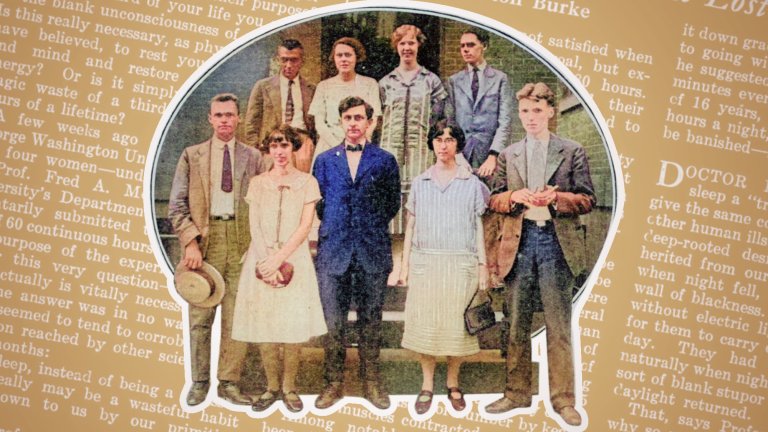 A vintage photo collage featuring an oval cut-out image of seven people—three men and four women, who appear to be young college students—dressed in 1920s-era clothing. They are standing close together and looking at the camera. The background is a texture of yellowed, old newsprint with blurred text about a sleep experiment.