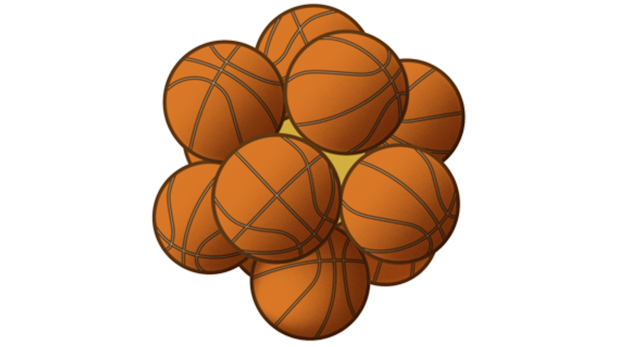 In 3D the kissing number is 12, as illustrated by basketballs. Illustration: Kira Vesikko / Aalto University